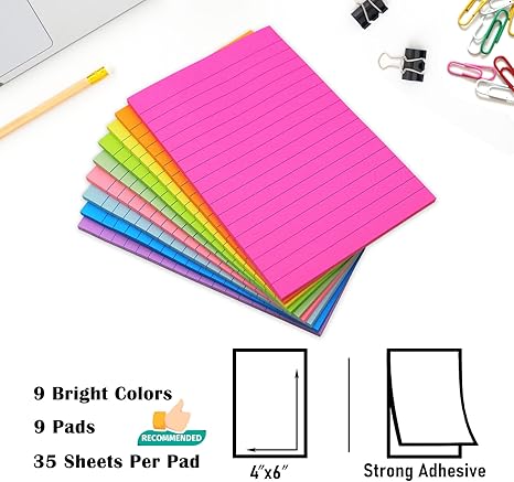 9 Pack Lined Sticky Notes 4x6 in Post Sticky Notes with Lines, 9 Bright Colors Large Ruled Post Sticky Colorful Super Sticking Power Memon Pads, for Office, Home, 35 Sheets/Pad