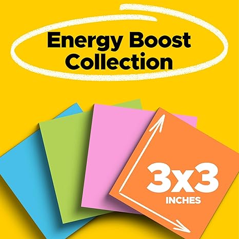 Post-it Super Sticky Notes, 24 Sticky Note Pads, 3 x 3 in., School Supplies, Office Products, Sticky Notes for Vertical Surfaces, Monitors, Walls and Windows, Energy Boost Collection