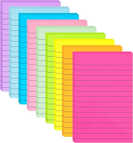 9 Pack Lined Sticky Notes 4x6 in Post Sticky Notes with Lines, 9 Bright Colors Large Ruled Post Sticky Colorful Super Sticking Power Memon Pads, for Office, Home, 35 Sheets/Pad