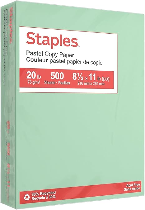 Staples Pastel 30% Recycled Color Copy Paper, 20 lbs., 8.5" x 11", Green, 500/Ream (14781)