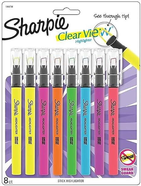 Sharpie Clear View Highlighter Sticks, Chisel Tip, Assorted Fluorescent, 8 Count - School, Home, and Office Use, Teacher Supplies