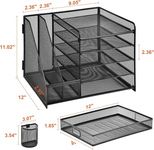 Marbrasse Desk Organizer with File Holder, 5-Tier Paper Letter Tray Organizer with Drawer and 2 Pen Holder, Mesh Desktop Organizer and Storage with Magazine Holder for Office Supplies(Black)